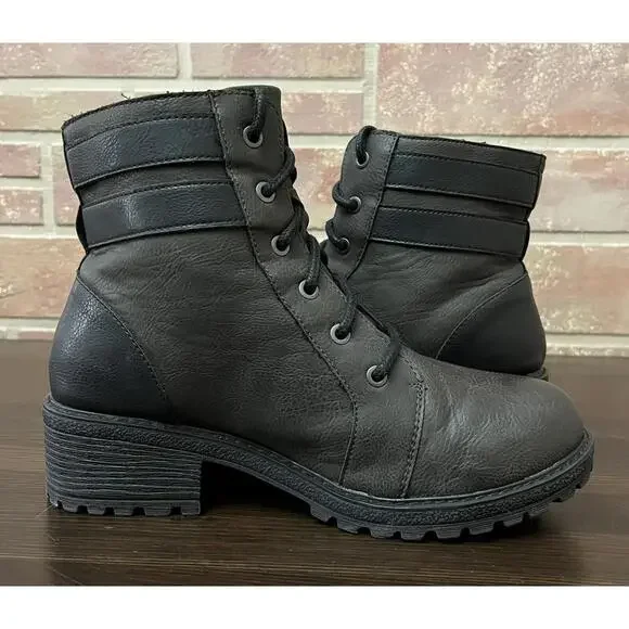Born Boc Womens Godfrey Combat Boots Olive Black Straps Ankle Block Zip 9.5 - Picture 7 of 9